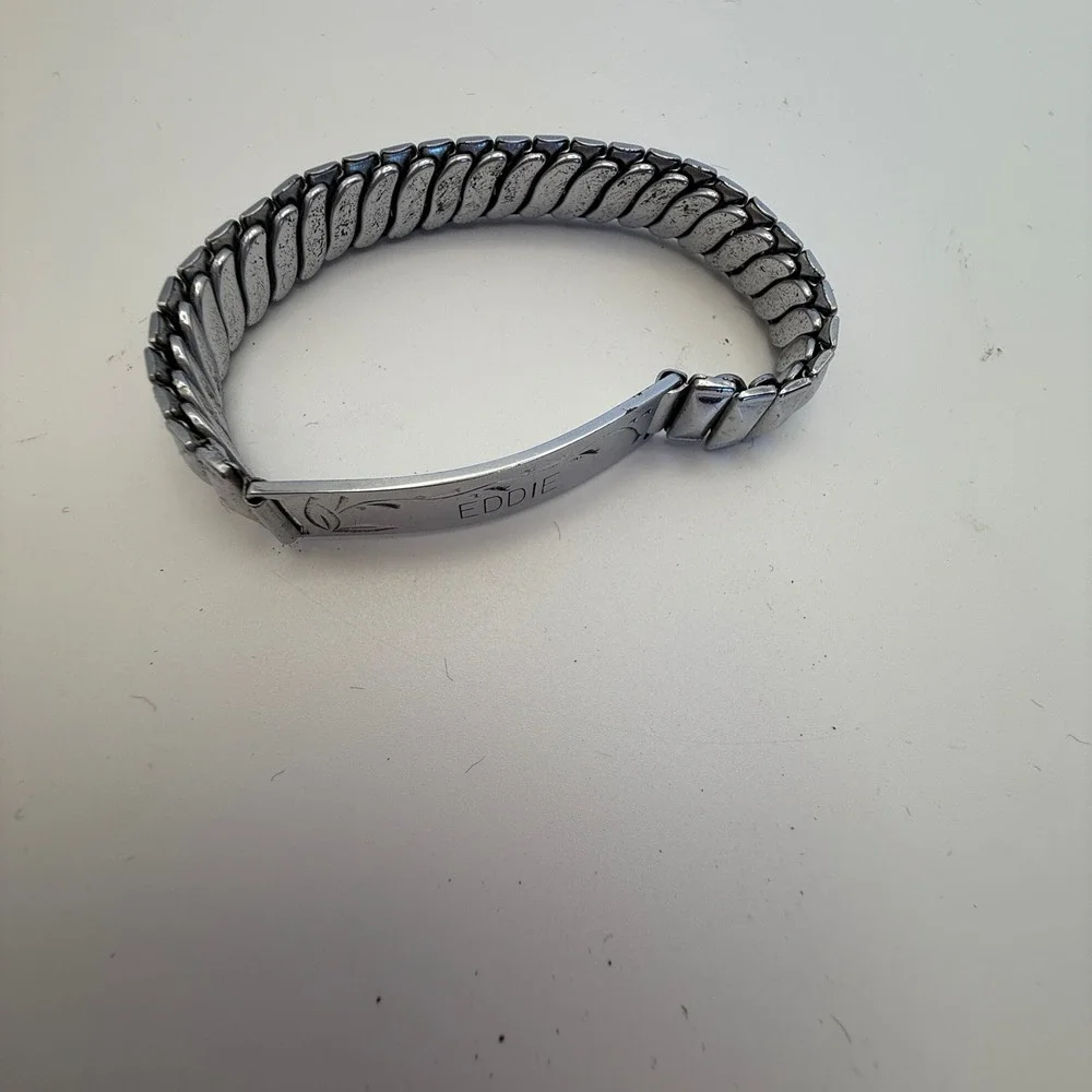 Vintage Japan EDDIE ID Bracelet Silver Tone Expansion Stretch Band Personalized